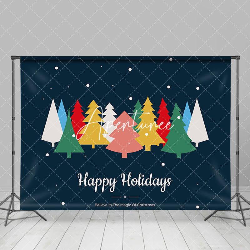 Aperturee - Aperturee Colorful Pine Trees Blue Happy Holidays Backdrop