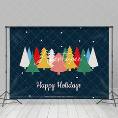 Aperturee - Aperturee Colorful Pine Trees Blue Happy Holidays Backdrop