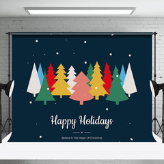 Aperturee - Aperturee Colorful Pine Trees Blue Happy Holidays Backdrop