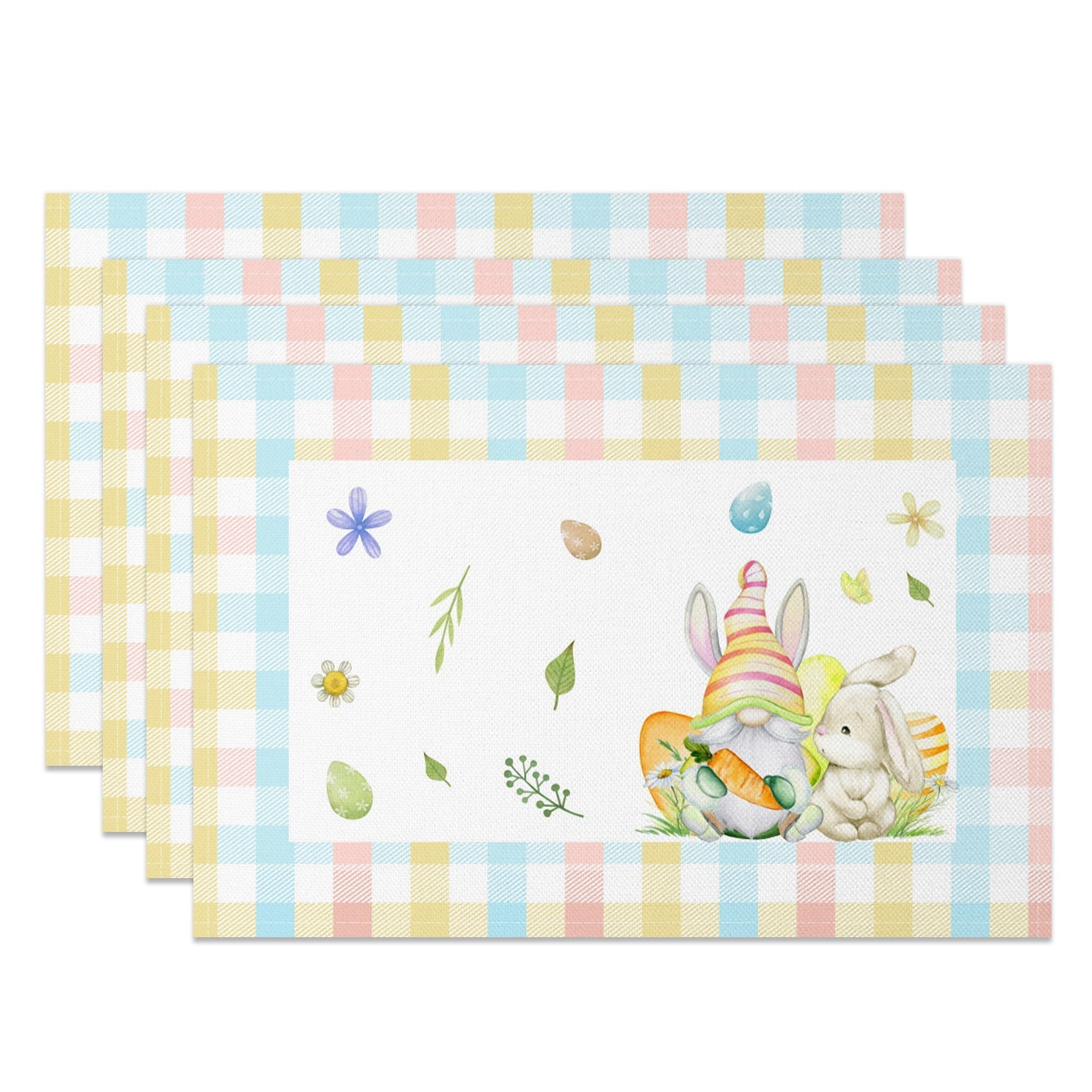 Aperturee - Aperturee Colorful Plaid Bunny Gnome Easter Set Of 4 Placemats