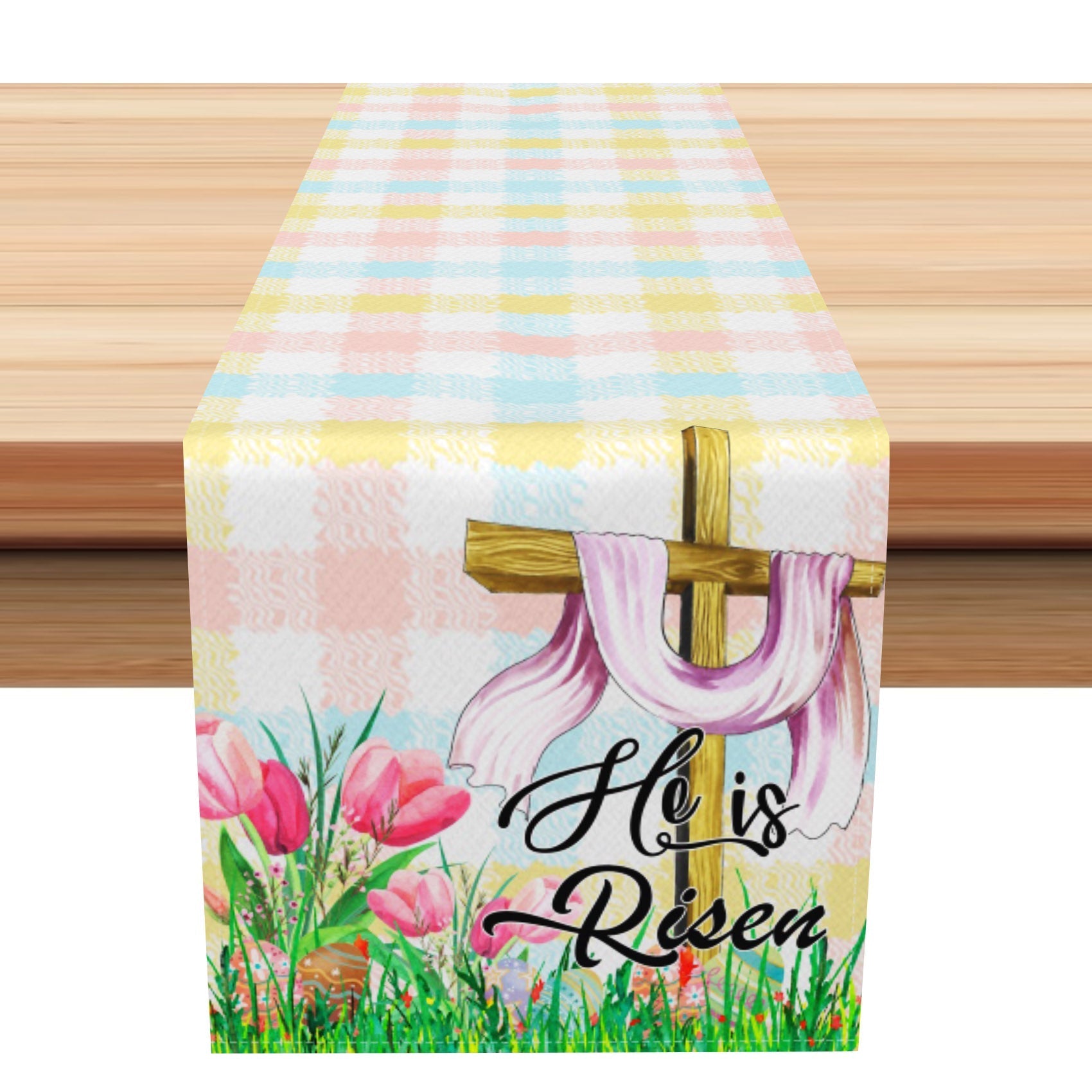 Aperturee - Aperturee Colorful Plaid Cross He Is Risen Easter Table Runner