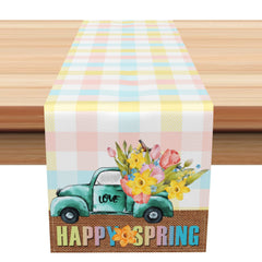 Aperturee - Aperturee Colorful Plaid Love Truck Floral Spring Table Runner