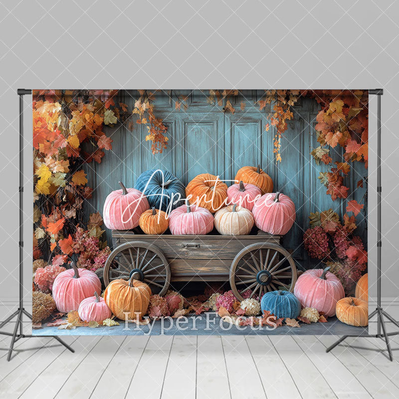 Aperturee - Aperturee Colorful Pumpkins Blue Wall Maple Autumn Backdrop