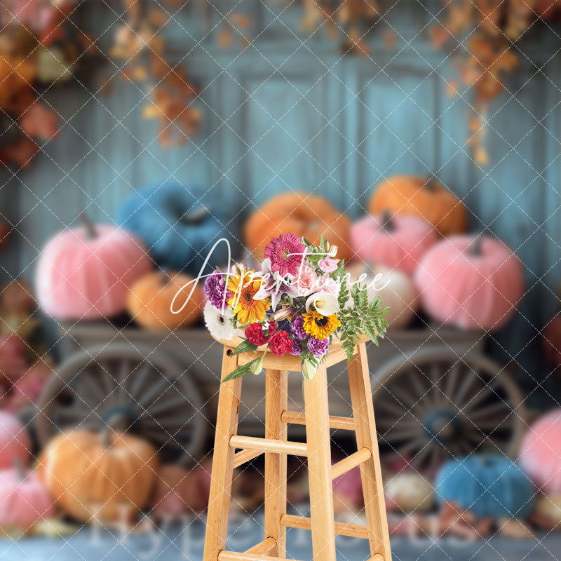 Aperturee - Aperturee Colorful Pumpkins Blue Wall Maple Autumn Backdrop