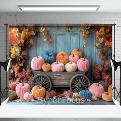 Aperturee - Aperturee Colorful Pumpkins Blue Wall Maple Autumn Backdrop