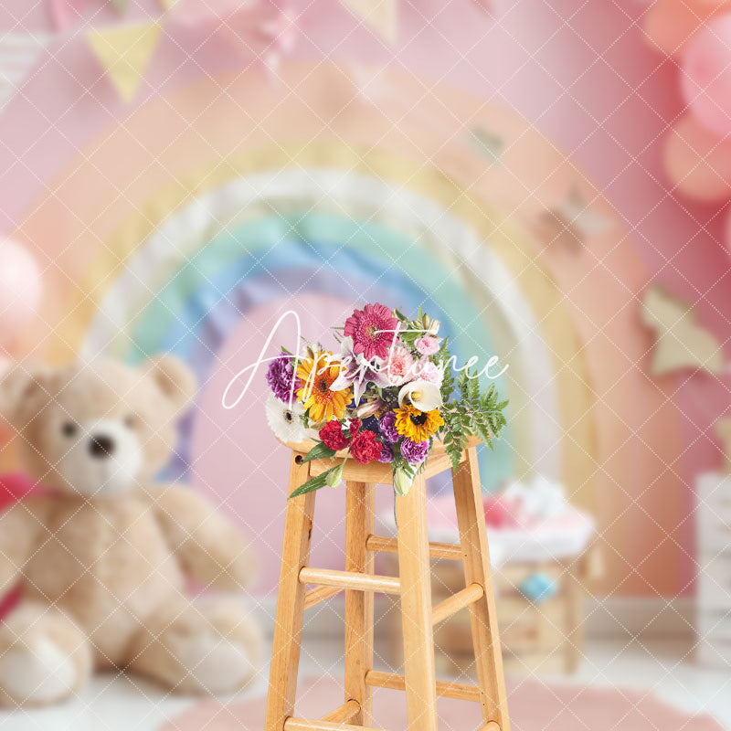 Aperturee - Aperturee Colorful Rainbow Balloons Bear Cake Smash Backdrop