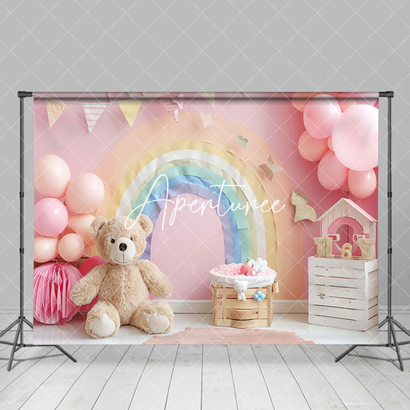 Aperturee - Aperturee Colorful Rainbow Balloons Bear Cake Smash Backdrop