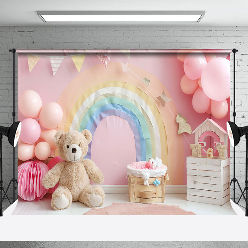 Aperturee - Aperturee Colorful Rainbow Balloons Bear Cake Smash Backdrop