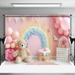 Aperturee - Aperturee Colorful Rainbow Balloons Bear Cake Smash Backdrop