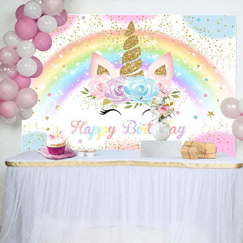 Aperturee - Aperturee Colorful Rainbow Unicorn Glitter Birthday Backdrop