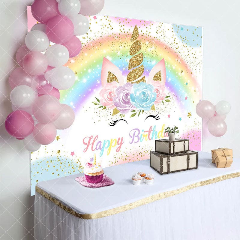 Aperturee - Aperturee Colorful Rainbow Unicorn Glitter Birthday Backdrop