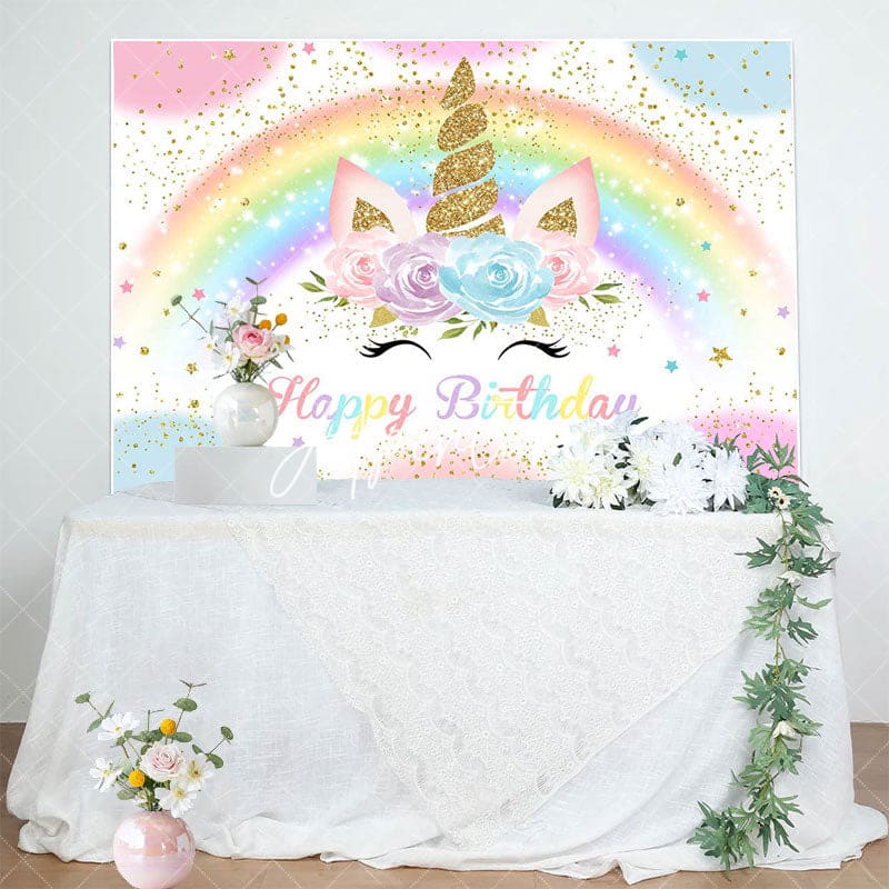 Aperturee - Aperturee Colorful Rainbow Unicorn Glitter Birthday Backdrop