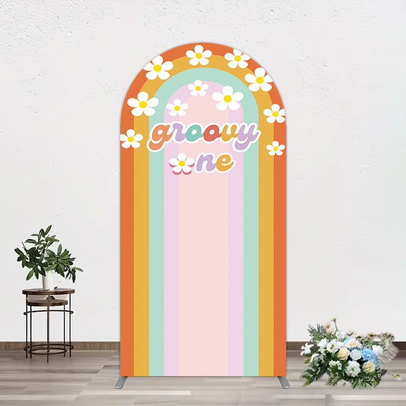 Aperturee - Aperturee Colorful Rainbow White Daisy Groovy One Arch Backdrop