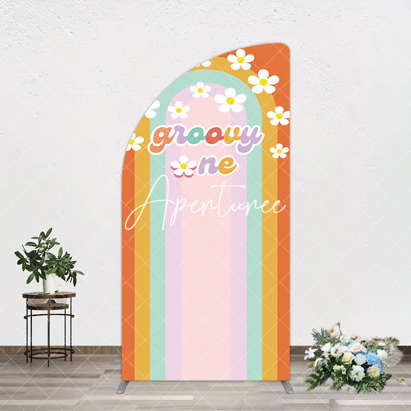 Aperturee - Aperturee Colorful Rainbow White Daisy Groovy One Arch Backdrop