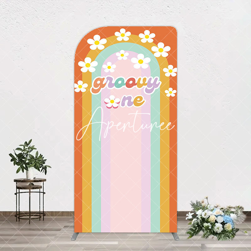 Aperturee - Aperturee Colorful Rainbow White Daisy Groovy One Arch Backdrop