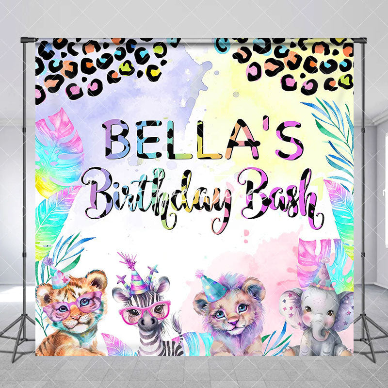 Aperturee - Aperturee Colorful Safari Animal Custom Name Birthday Backdrop