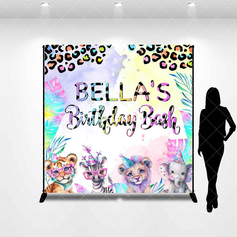 Aperturee - Aperturee Colorful Safari Animal Custom Name Birthday Backdrop