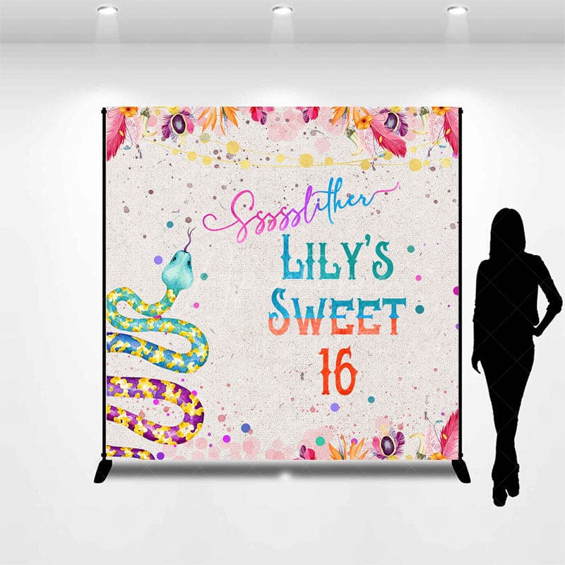 Aperturee - Aperturee Colorful Snake Floral Sweet 16 Custom Name Backdrop