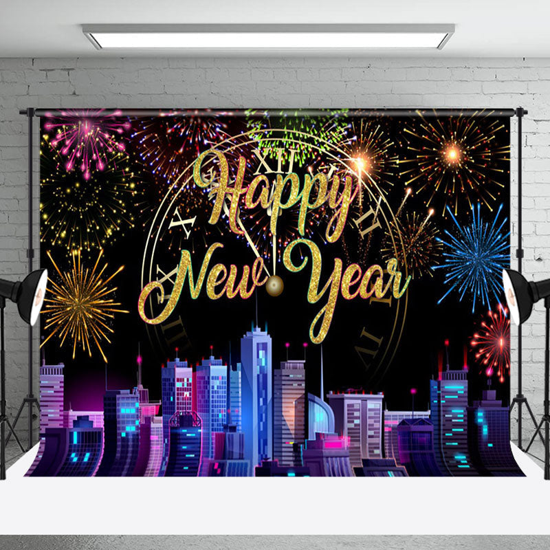 Aperturee - Aperturee Colorful Sparks Modern City Happy New Year Backdrop