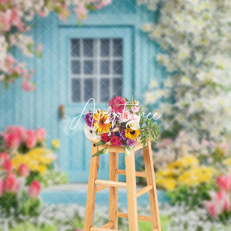 Aperturee - Aperturee Colorful Spring Floral Blue Garden Cabin Backdrop