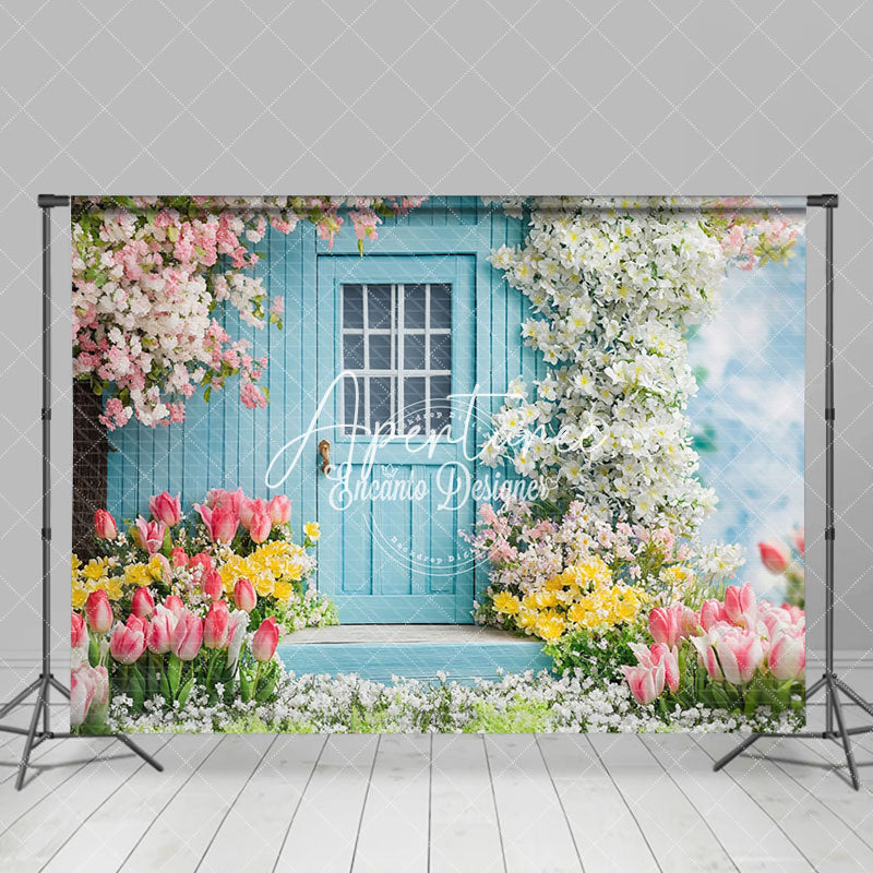 Aperturee - Aperturee Colorful Spring Floral Blue Garden Cabin Backdrop