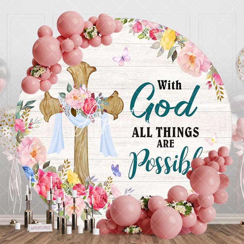 Aperturee - Aperturee Colorful Spring Floral Cross Round Easter Backdrop