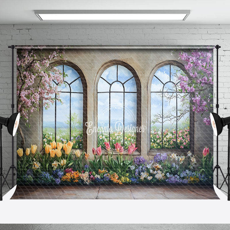 Aperturee - Aperturee Colorful Spring Floral Trees Window Scene Backdrop