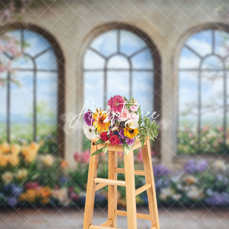 Aperturee - Aperturee Colorful Spring Floral Trees Window Scene Backdrop