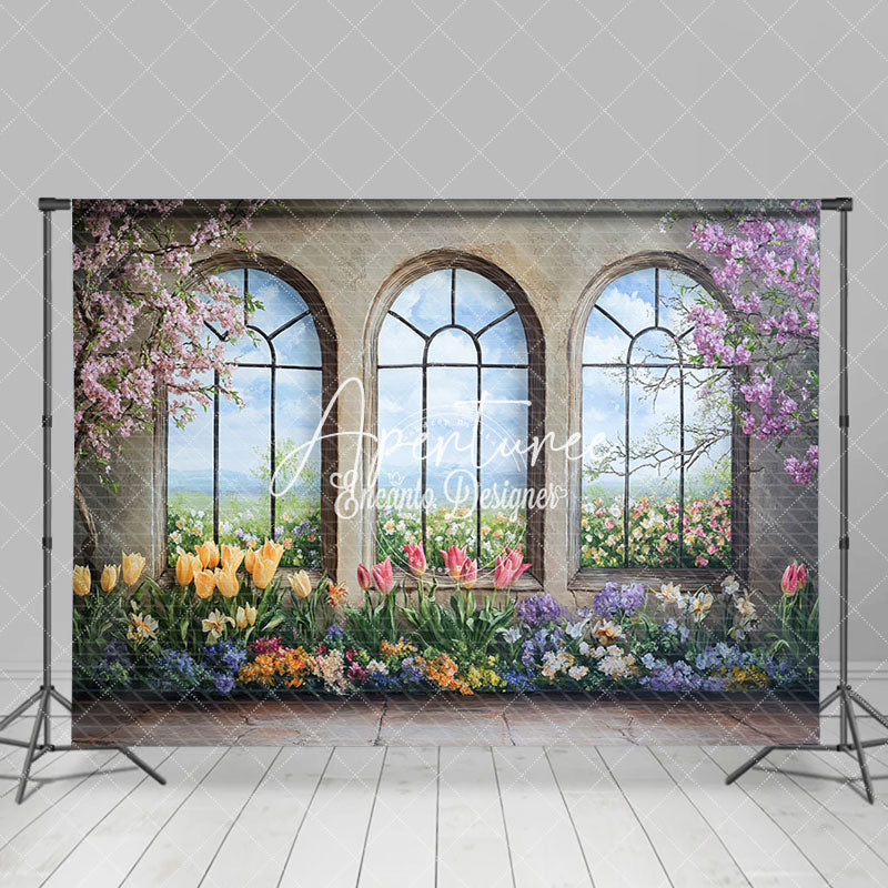 Aperturee - Aperturee Colorful Spring Floral Trees Window Scene Backdrop