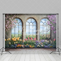 Aperturee - Aperturee Colorful Spring Floral Trees Window Scene Backdrop