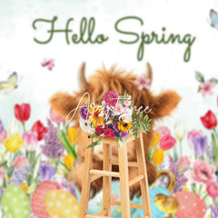 Aperturee - Aperturee Colorful Tulip Cute Cow Hello Spring Easter Backdrop