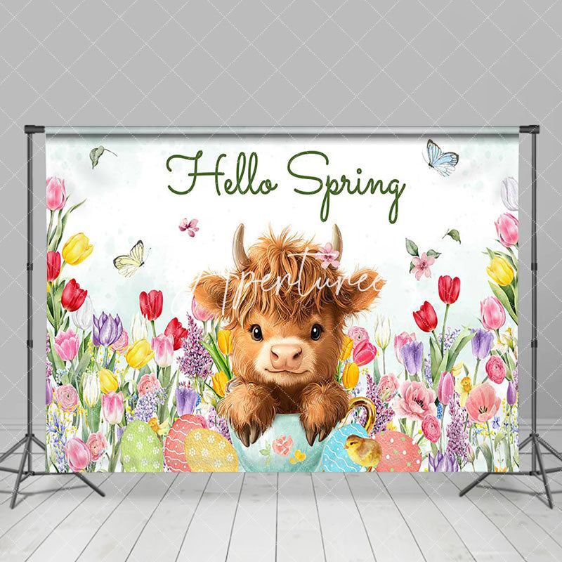 Aperturee - Aperturee Colorful Tulip Cute Cow Hello Spring Easter Backdrop