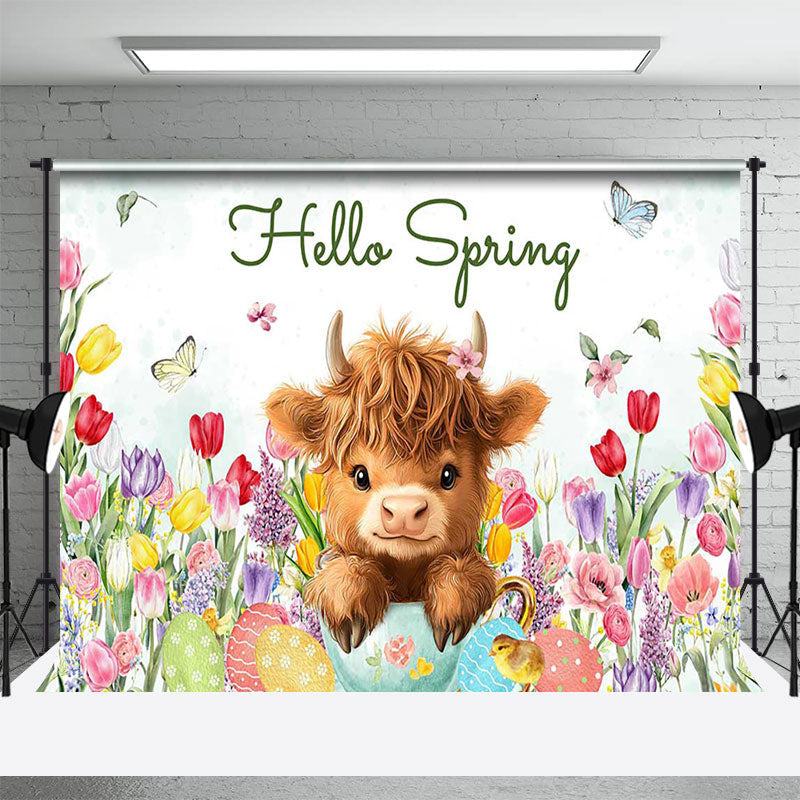 Aperturee - Aperturee Colorful Tulip Cute Cow Hello Spring Easter Backdrop