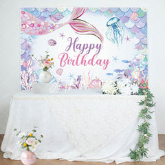 Aperturee - Aperturee Colorful Undersea Mermaid Happy Birthday Backdrop