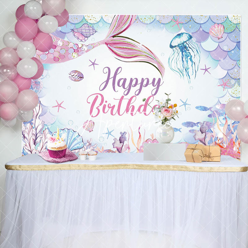 Aperturee - Aperturee Colorful Undersea Mermaid Happy Birthday Backdrop