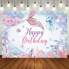 Aperturee - Aperturee Colorful Undersea Mermaid Happy Birthday Backdrop