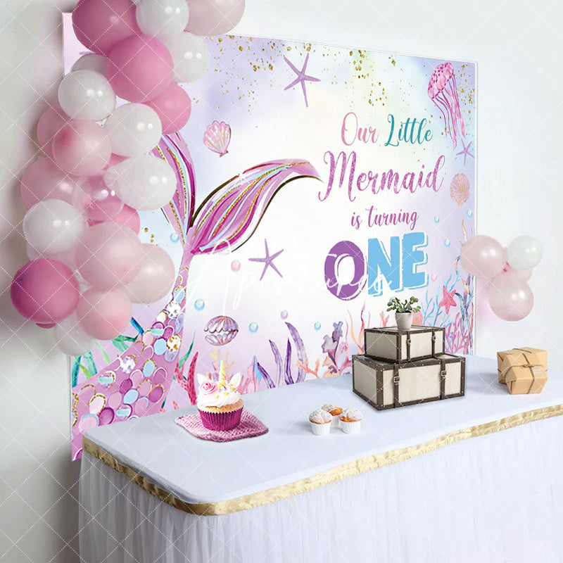 Aperturee - Aperturee Colorful Undersea Scene Mermaid 1st Birthday Backdrop