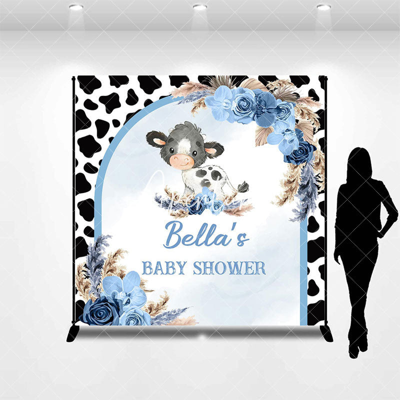 Aperturee - Aperturee Cow Print Boho Floral Custom Name Baby Shower Backdrop