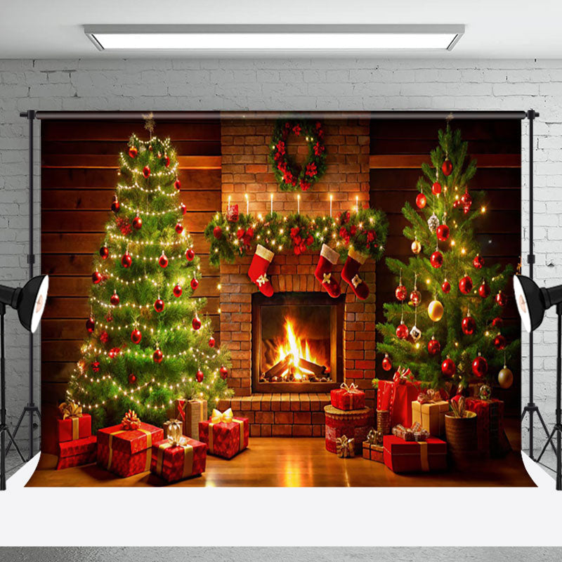 Aperturee - Aperturee Cozy Brick Fireplace Candlelit Christmas Backdrop