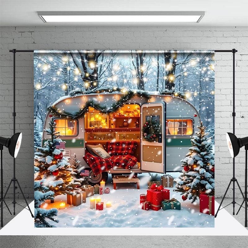 Aperturee - Aperturee Cozy Camper Van Decorations Winter Forest Backdrop