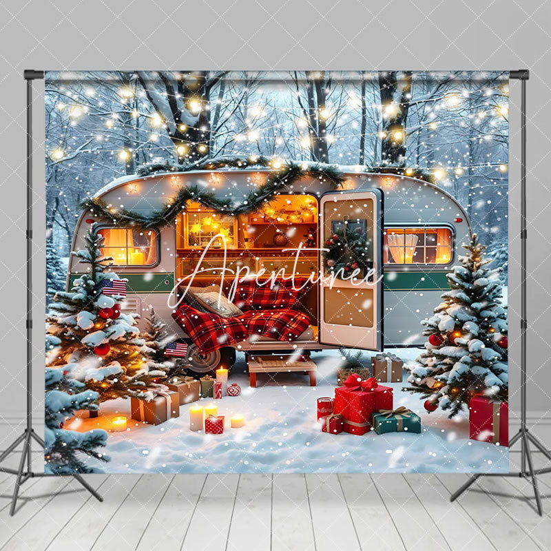 Aperturee - Aperturee Cozy Camper Van Decorations Winter Forest Backdrop