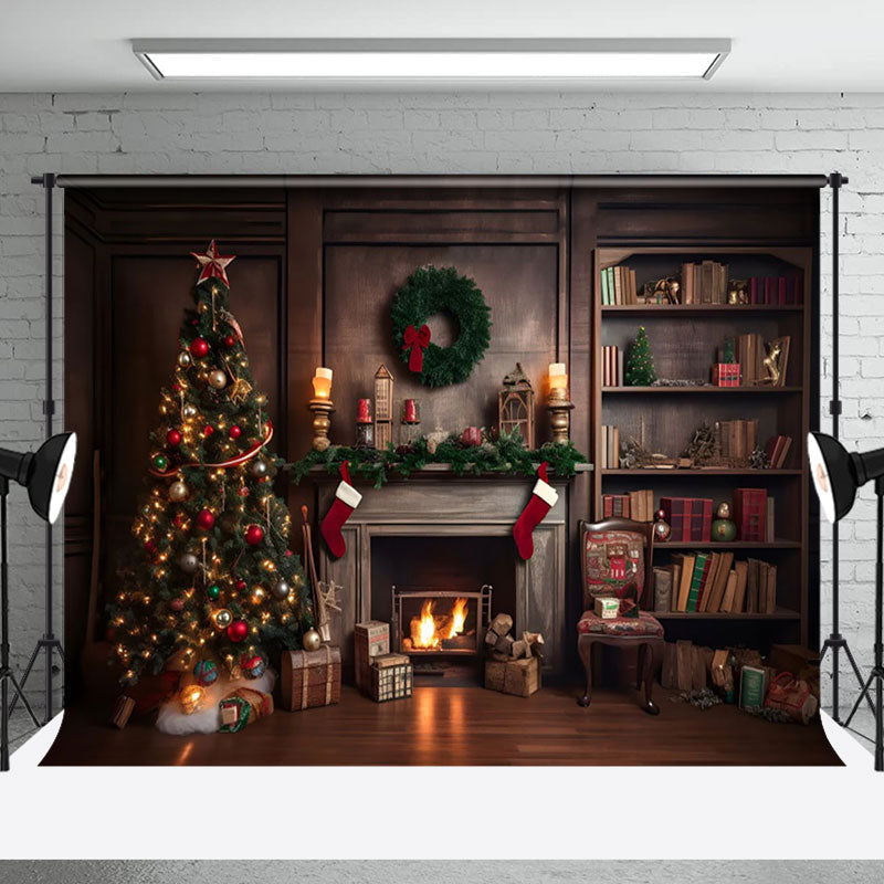 Aperturee - Aperturee Cozy Christmas Indoor Lit Fireplace Tree Backdrop