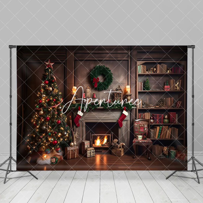 Aperturee - Aperturee Cozy Christmas Indoor Lit Fireplace Tree Backdrop