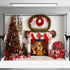 Aperturee - Aperturee Cozy Fireplace Gifts Decorated Trees Xmas Backdrop