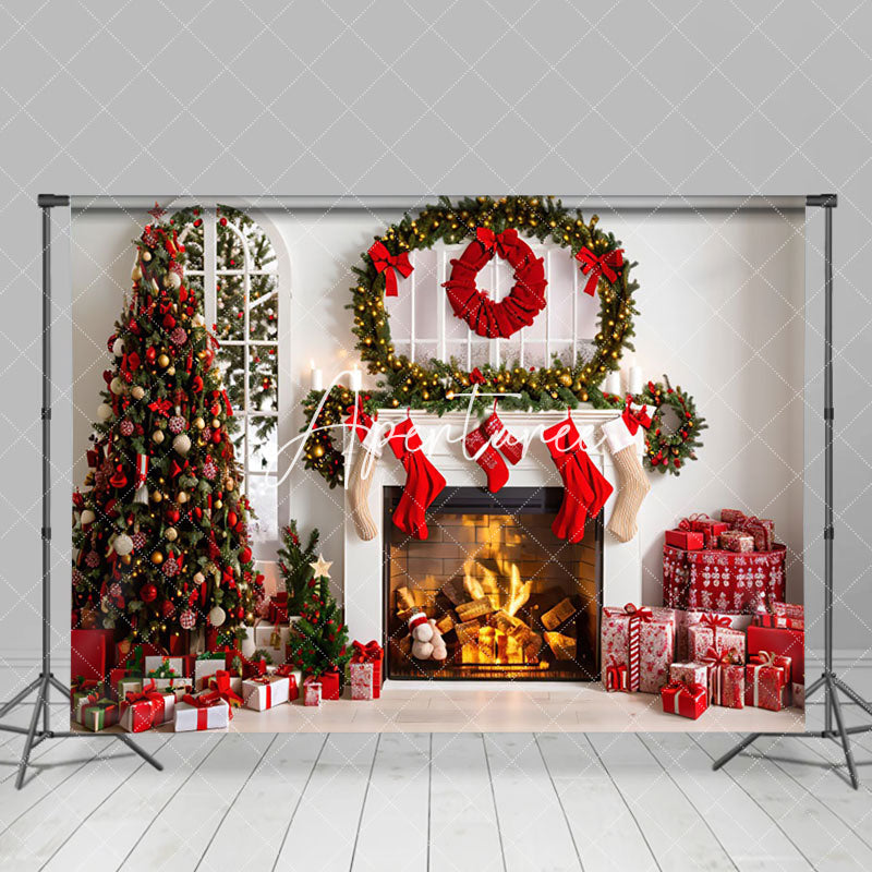 Aperturee - Aperturee Cozy Fireplace Gifts Decorated Trees Xmas Backdrop