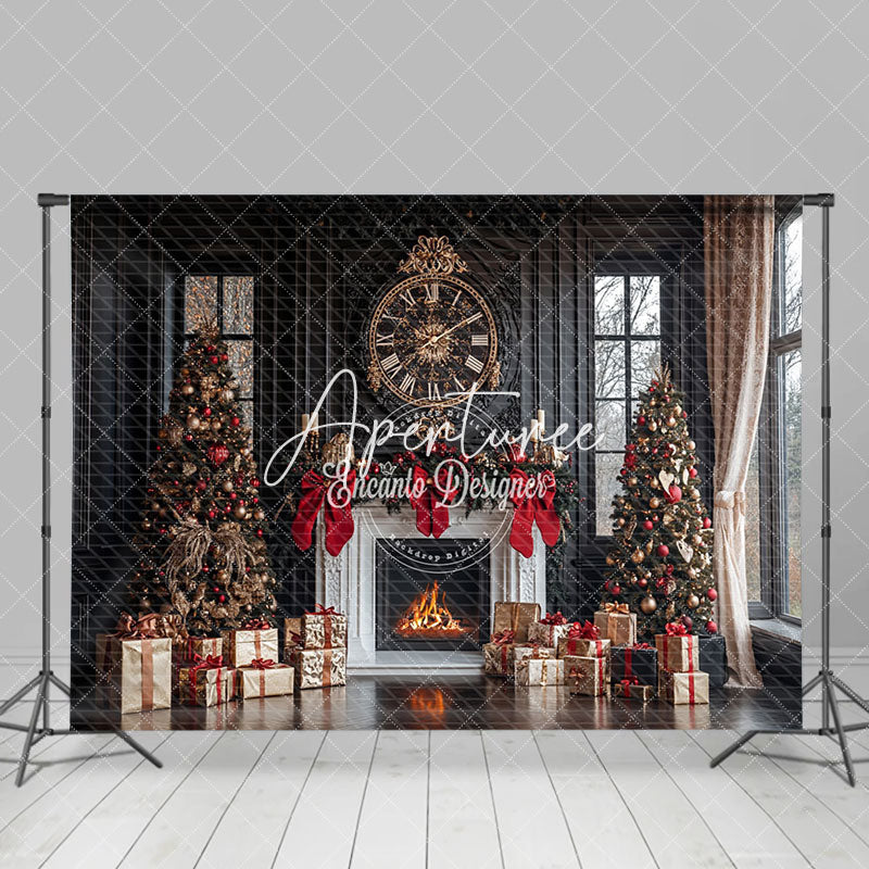 Aperturee - Aperturee Cozy Fireplace Snowy Trees Christmas Wonderland Backdrop