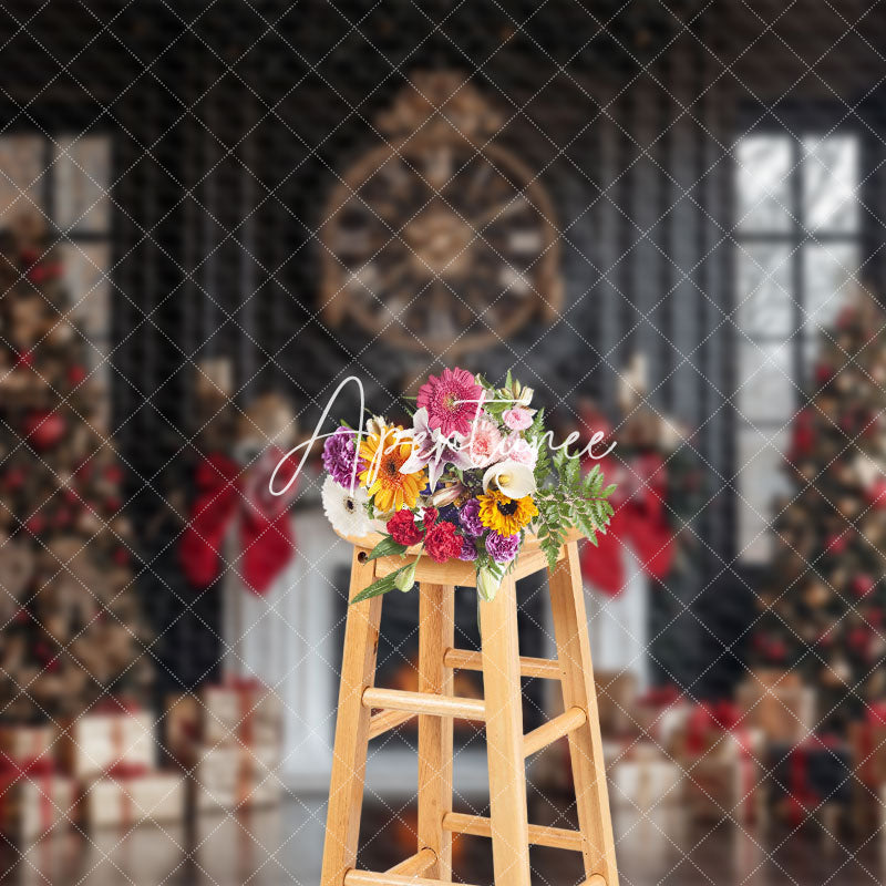 Aperturee - Aperturee Cozy Fireplace Snowy Trees Christmas Wonderland Backdrop