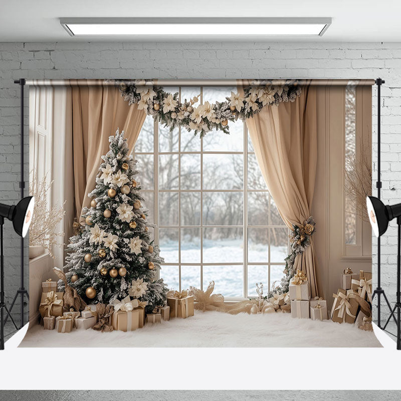 Aperturee - Aperturee Cozy Indoor Curtain Window Wreath Christmas Backdrop