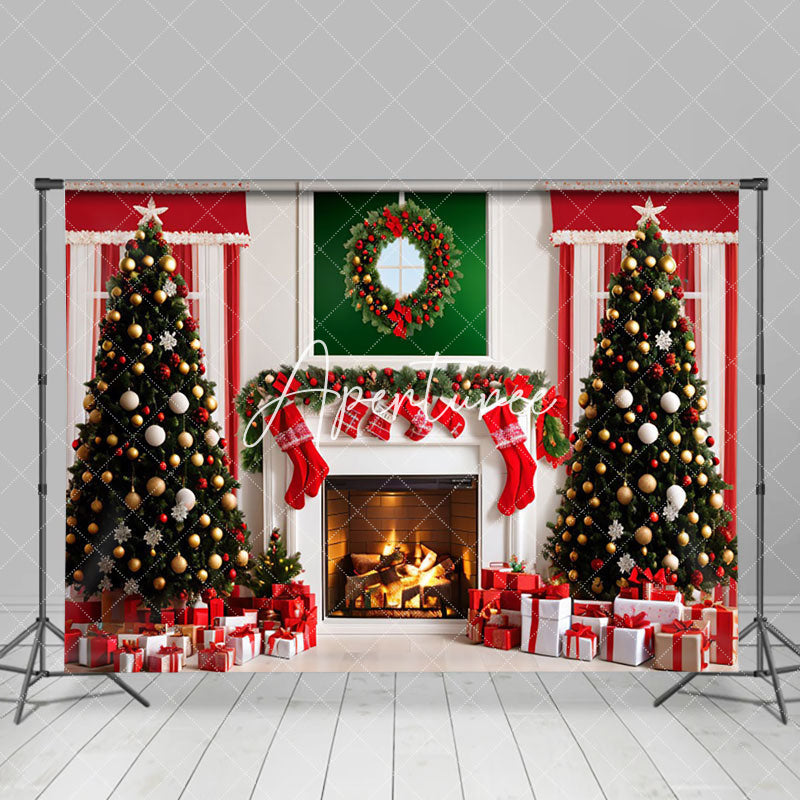 Aperturee - Aperturee Cozy Indoor Fireplace Socks Wreath Christmas Backdrop