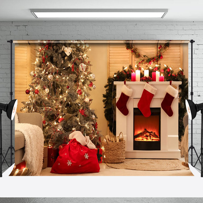 Aperturee - Aperturee Cozy Light Candle Fireplace Tree Christmas Backdrop